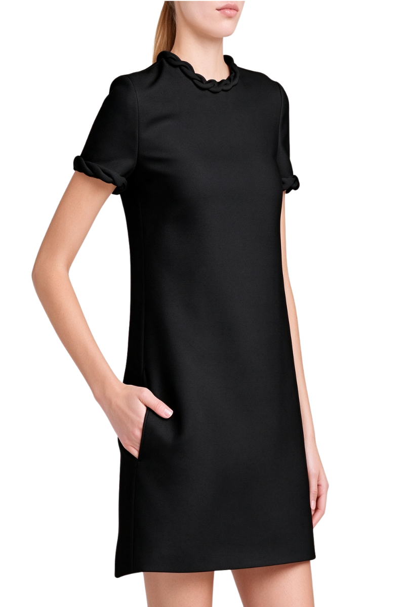 Valentino Braid Trim Short Sleeve Shift Dress Nero 5B3VAAG21CF_0NO