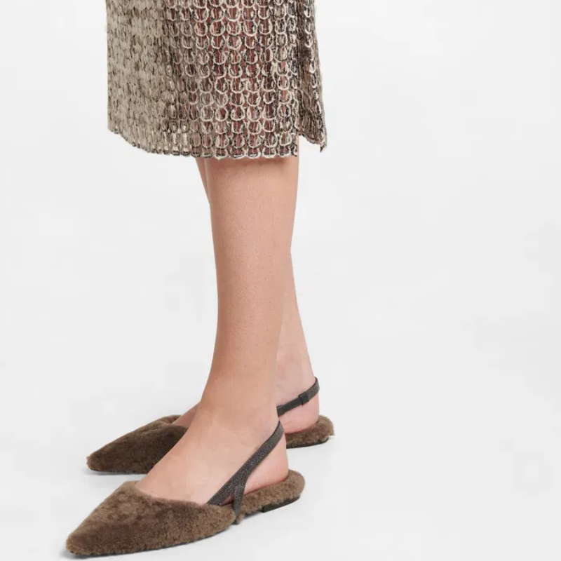 Brunello Cucinelli Embellished Shearling Slingback Flats
