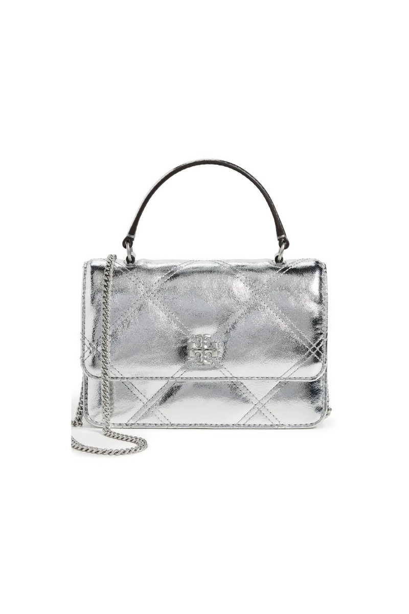 Tory Burch Kira Metallic Diamond Quilt Mini Flap Bag Silver 158446-040