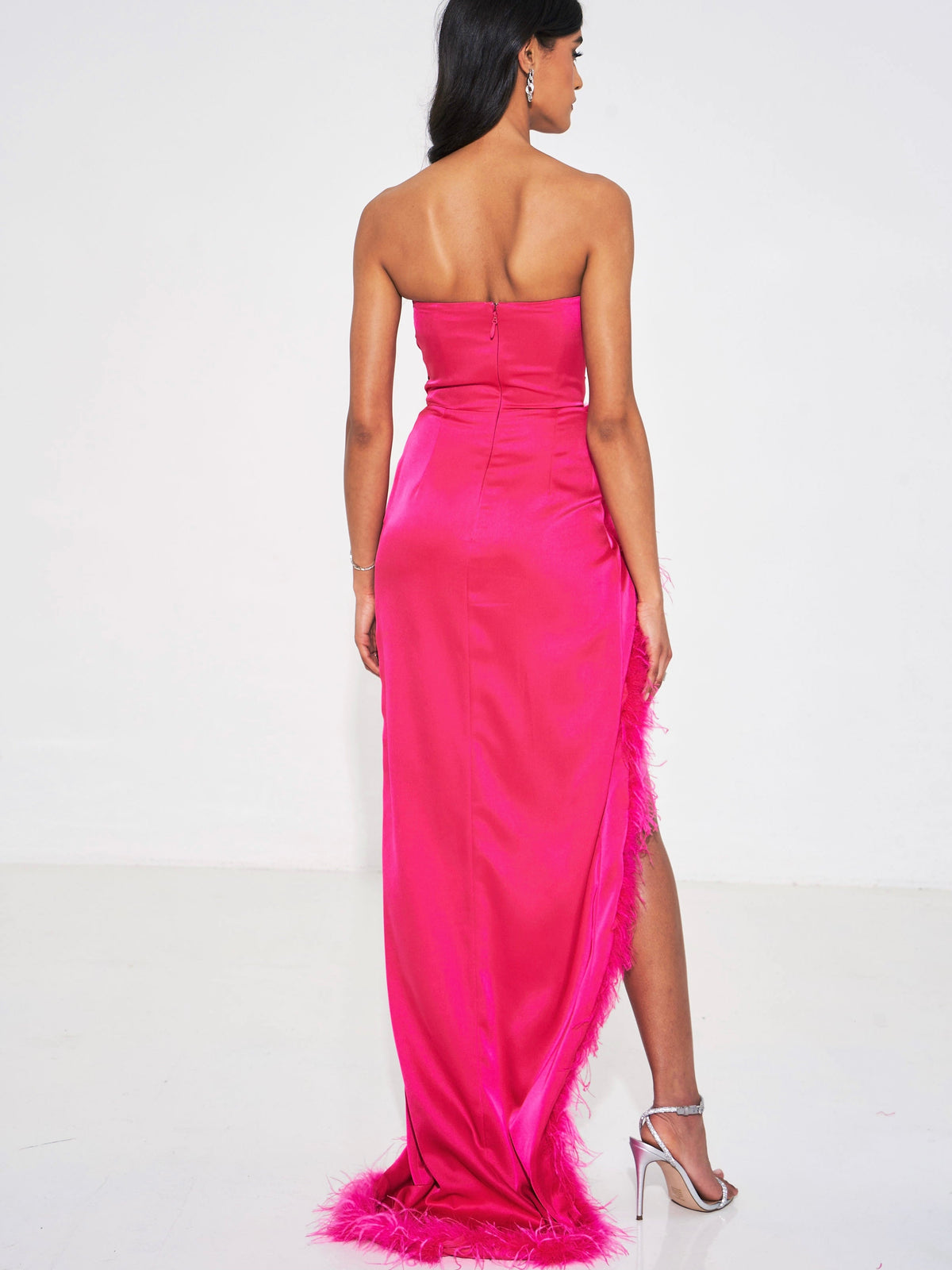 Perrin Fuchsia Pink Feather Dress High Slit Gown (Archive Sale)