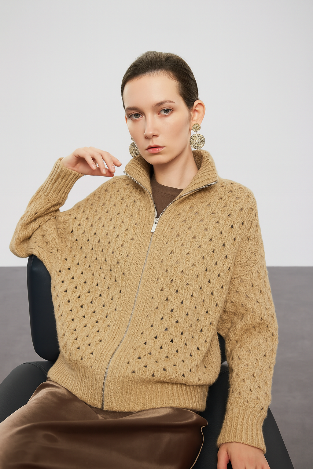 Max Simple Mohair Zip-Up Cardigan Camel