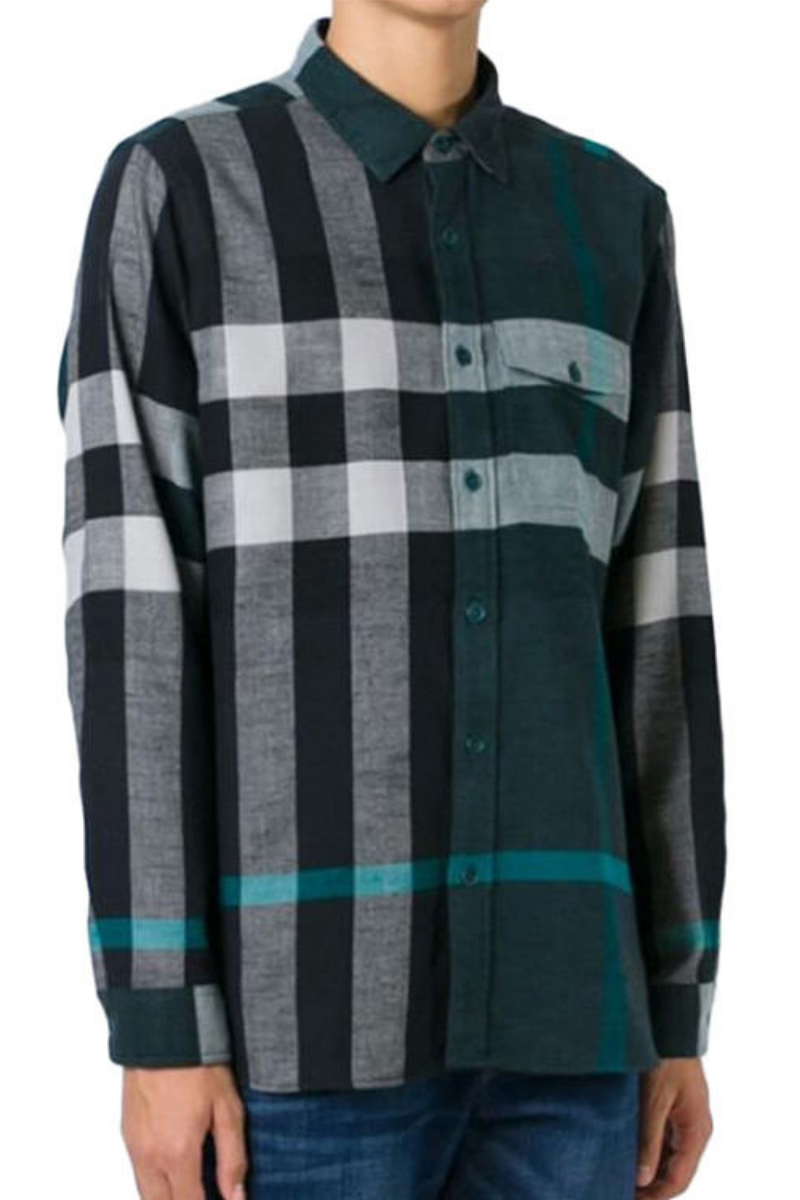 Burberry Men's Long Sleeve Cotton Check Shirt - Green