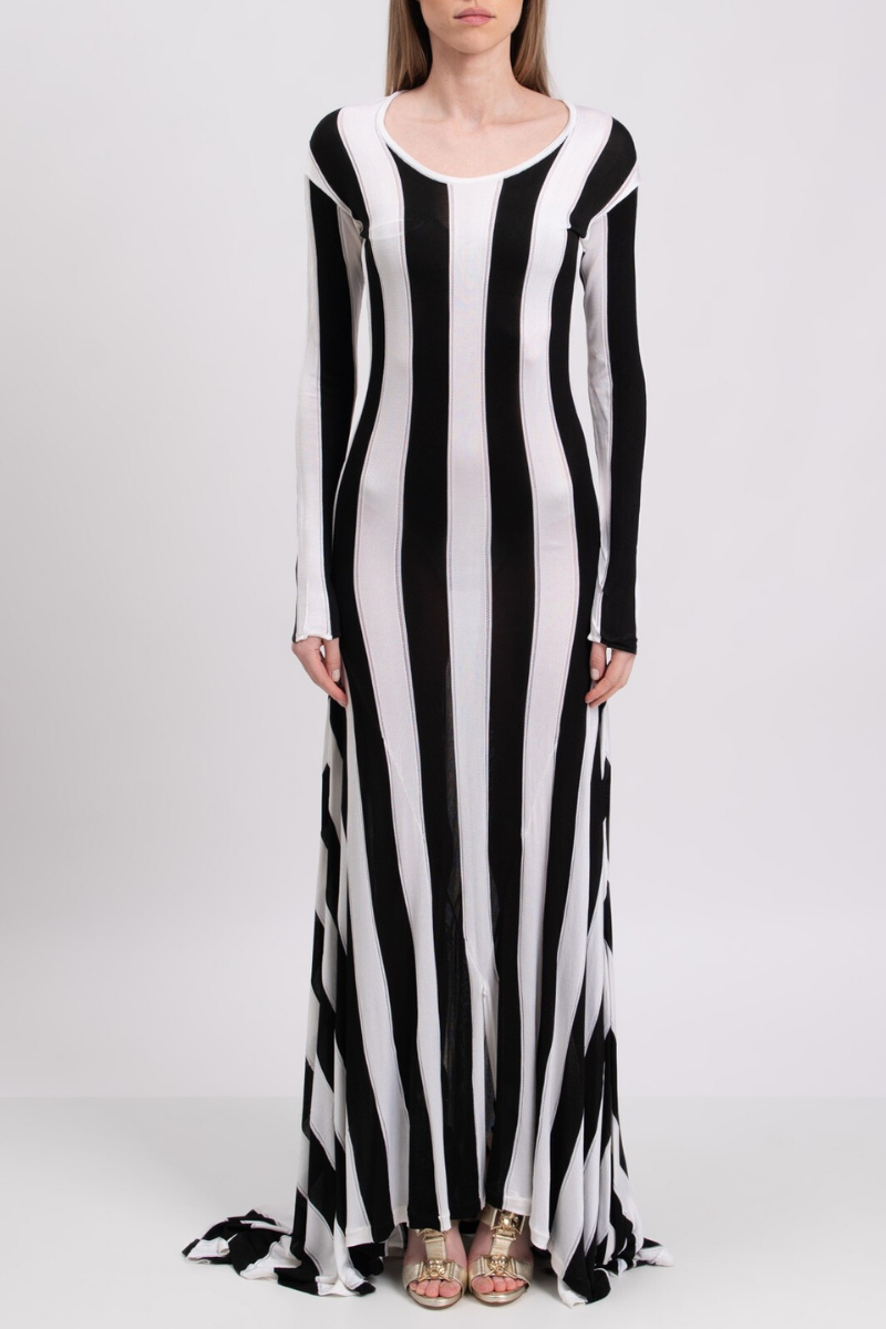 Marni Women’s Striped Dress ABMD0121Q0 UFV208 featuring a playful black and white striped design and round neckline.