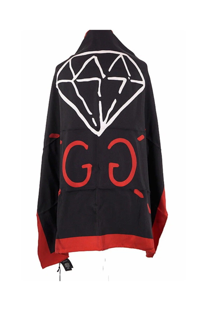 Gucci Black & Red GG GUCCI GHOST Diamond Print Square Silk Twill Scarf