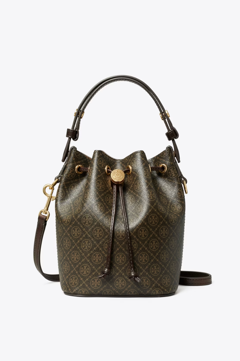 Tory Burch T Monogram Coated Canvas Mini Bucket Bag in French Press
