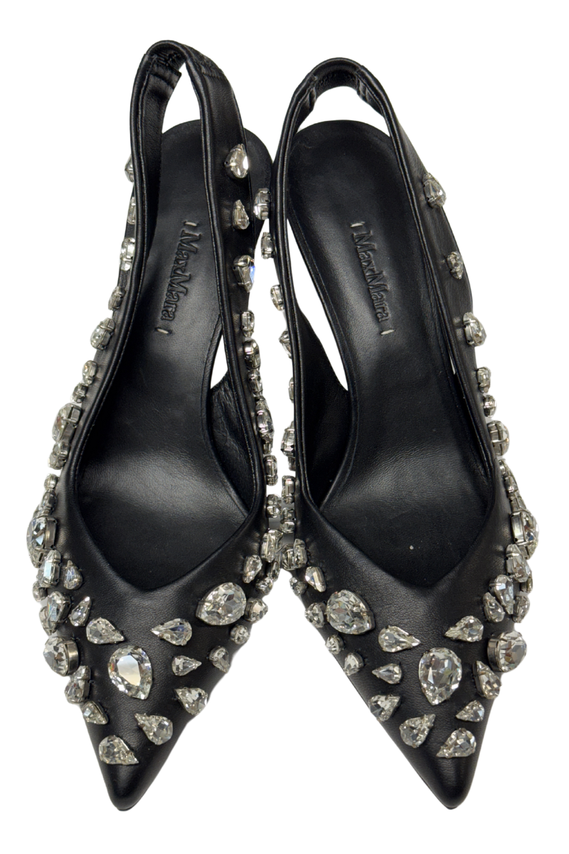 Max Mara Black High-Heeled Sling-Back Sandals with Gems