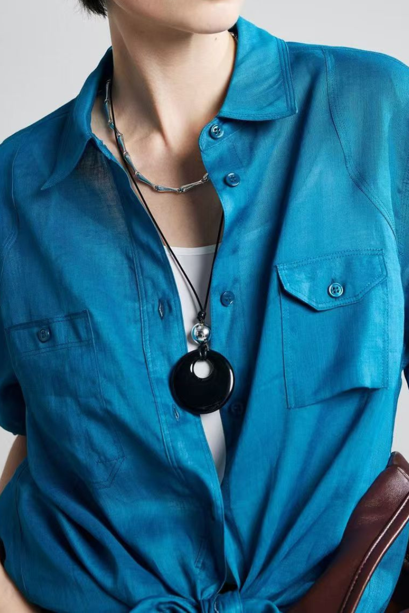 Max Simple Ramie Shirt with Pockets Peacock Blue