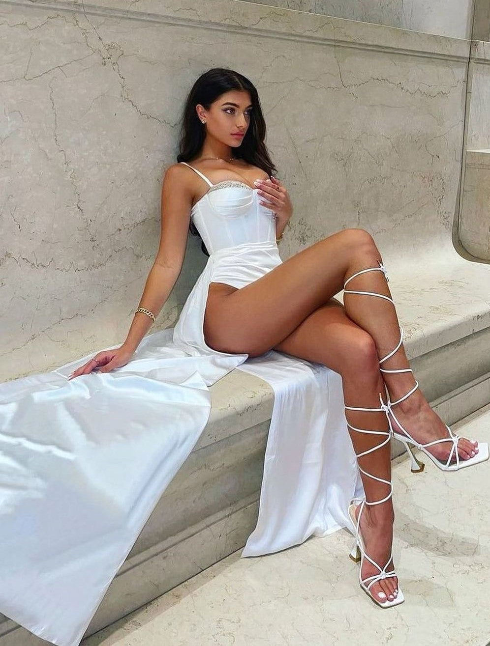 Vanity White Satin High Slit Draping Corset Gown With Crystals (Archive Sale)