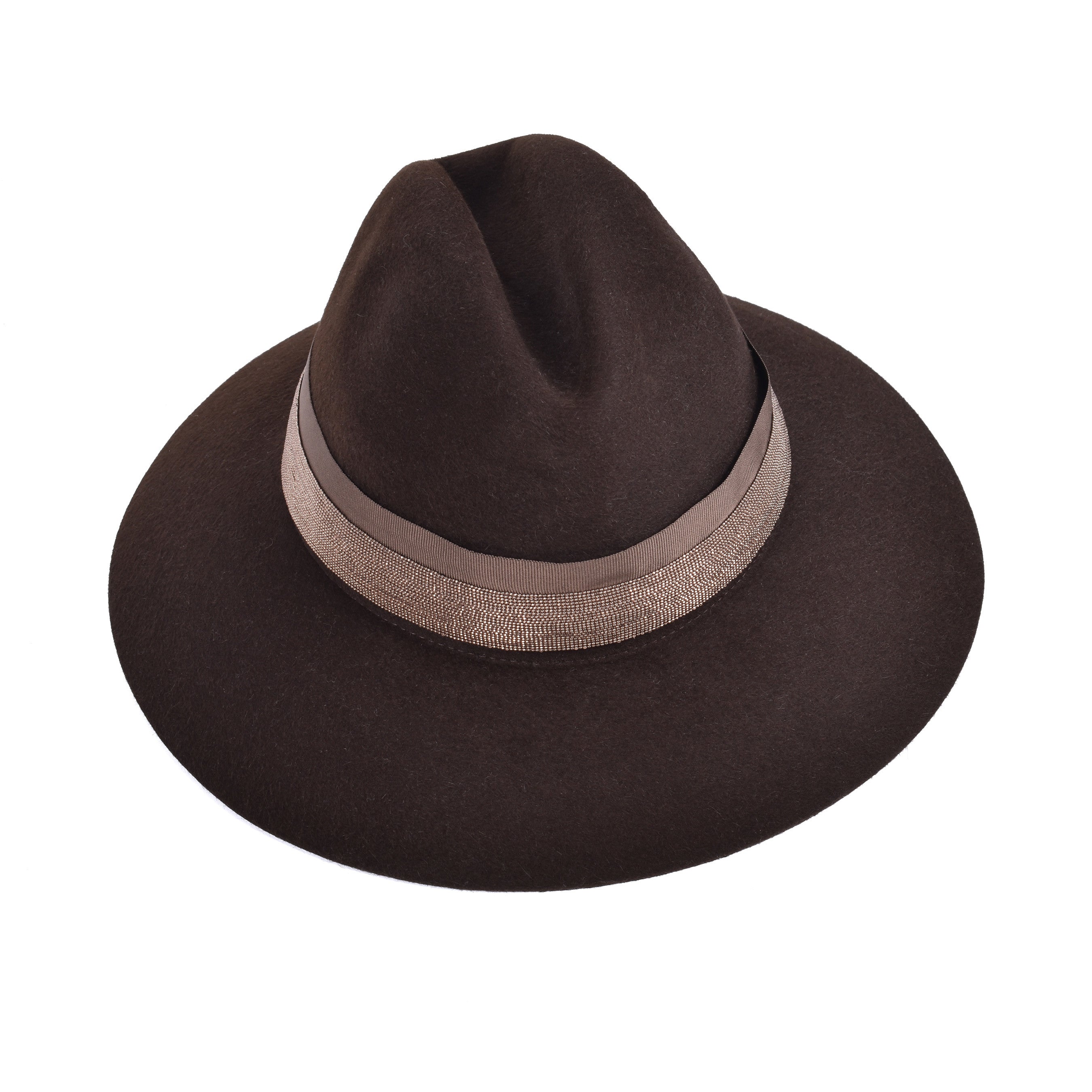 BRUNELLO CUCINELLI WOMEN'S MONILI BEAD LINED BROWN FEDORA HAT