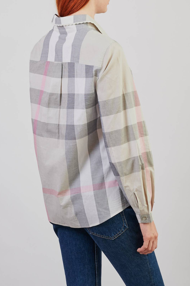 Burberry Women's Pale Grey Plaid Checked Cotton Ruffle Detail Shirt
