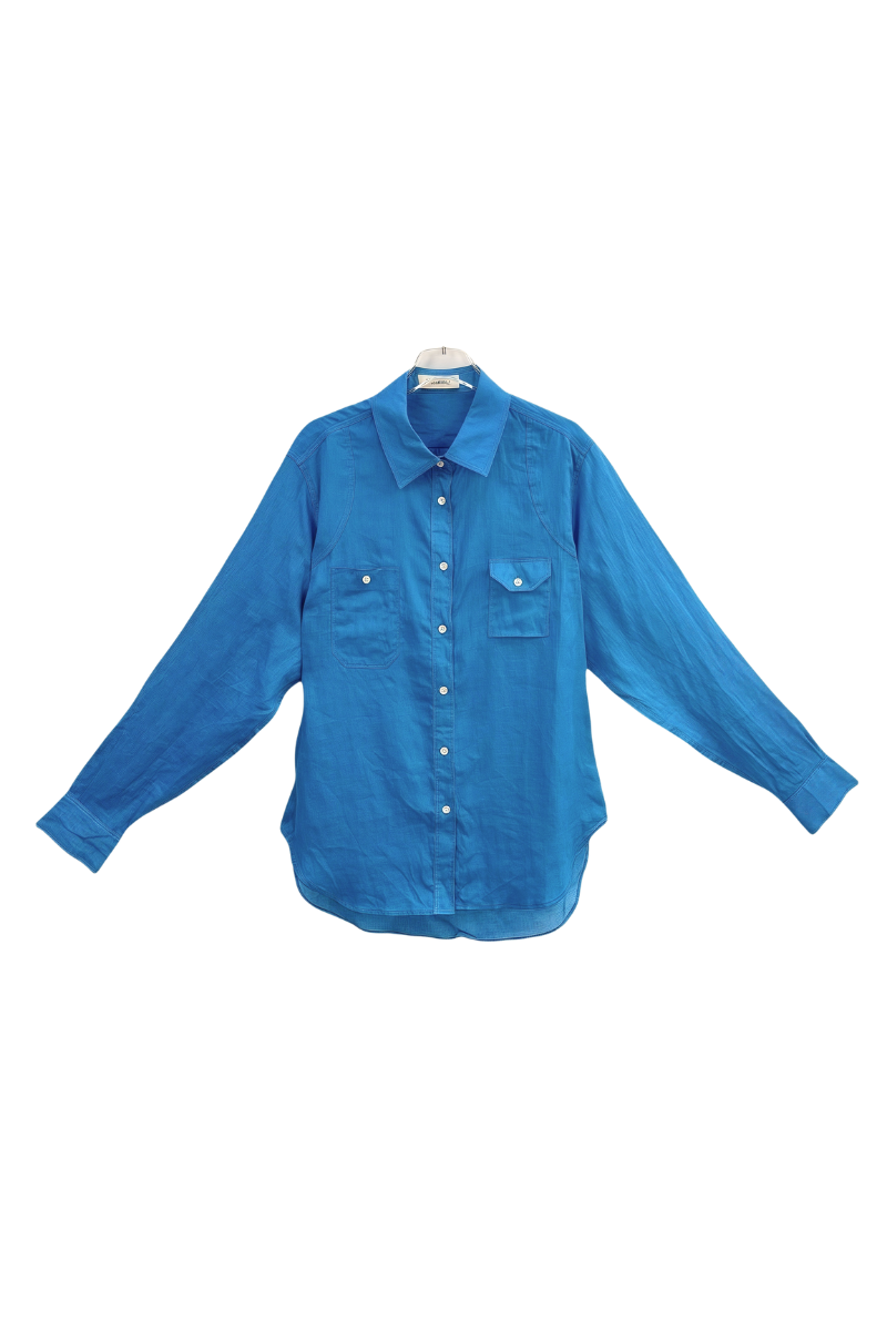 Max Simple Ramie Shirt with Pockets Peacock Blue