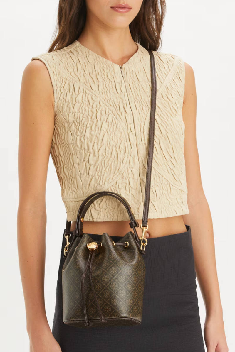 Tory Burch T Monogram Coated Canvas Mini Bucket Bag in French Press