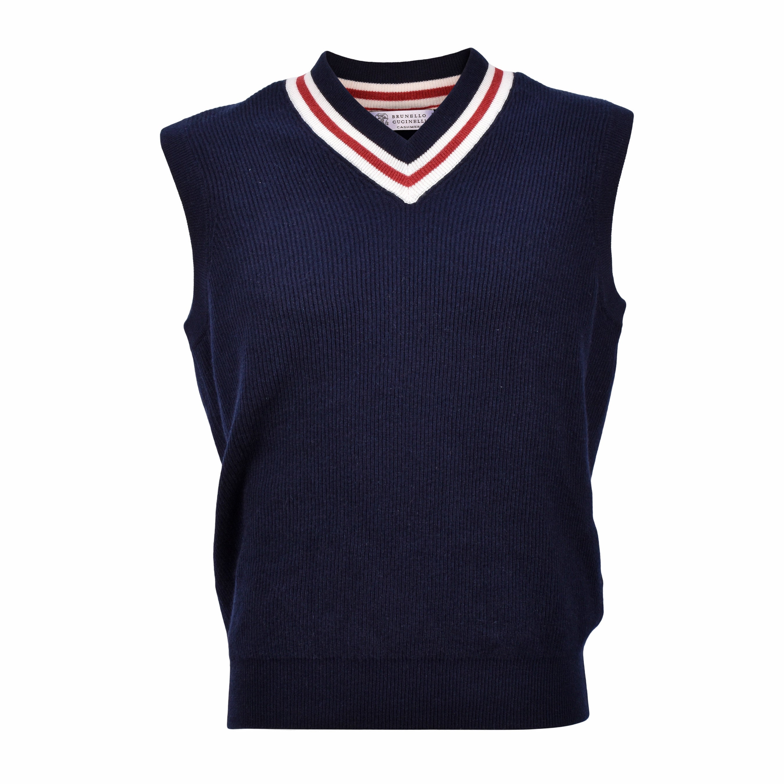 BRUNELLO CUCINELLI MEN'S 100% CASHMERE CABLE KNIT V NECK NAVY SWEATER/VEST
