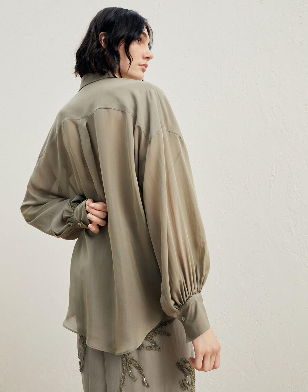 BRUNELLO CUCINELLI WOMEN'S OLIVE OVERSIZED SILK-BLEND SHIRT