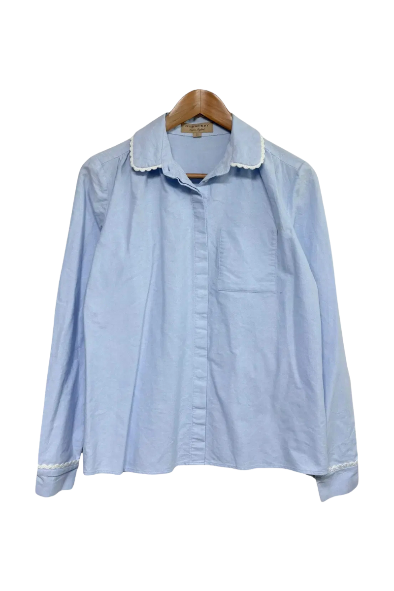 Burberry Women's Light Blue Long Sleeve Shirt with White Cotton Lace Details