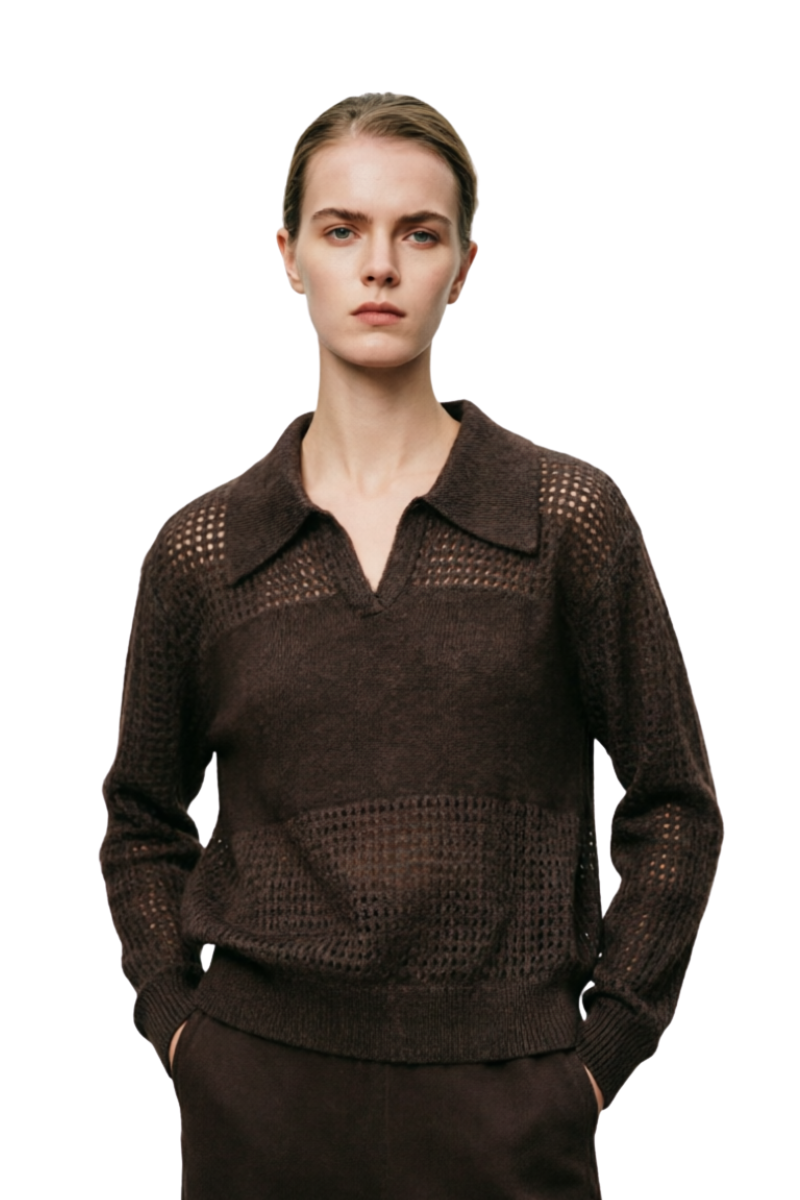 Max Simple Lurex-Openwork Polo Knit Brown MSYY265099B