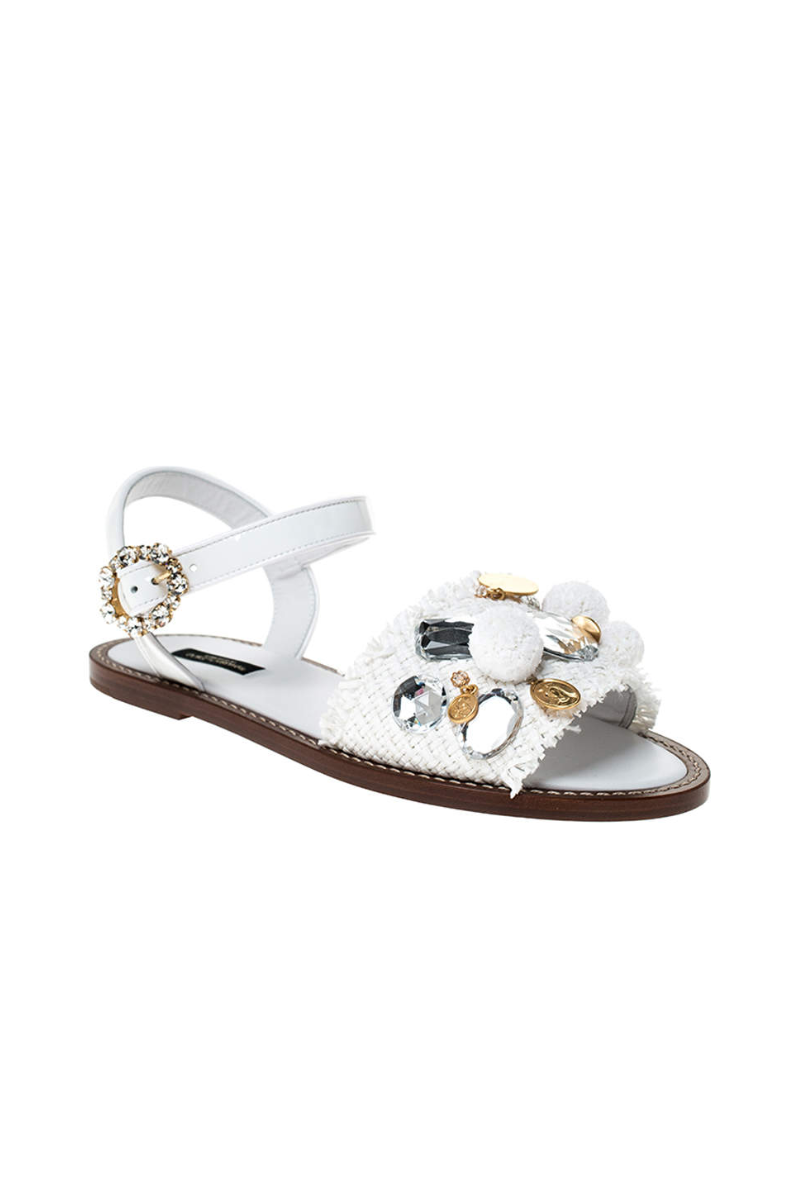 Dolce & Gabbana White Patent Leather and Raffia Pom-Pom Crystal Embellished Flat Sandals