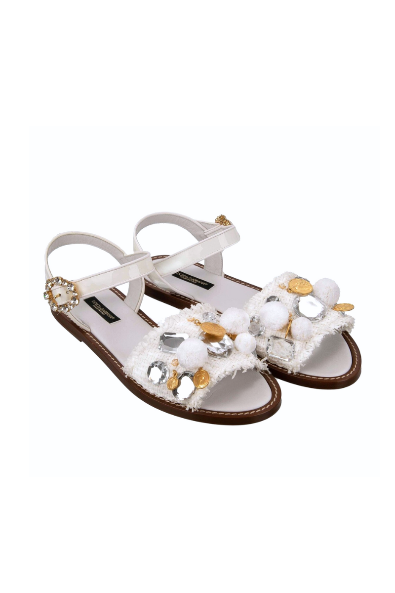 Dolce & Gabbana White Patent Leather and Raffia Pom-Pom Crystal Embellished Flat Sandals