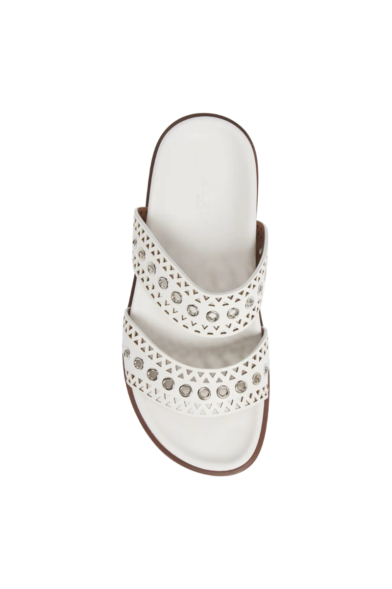 Alaia Women’s Perforated White Leather Grommet Flat Slides