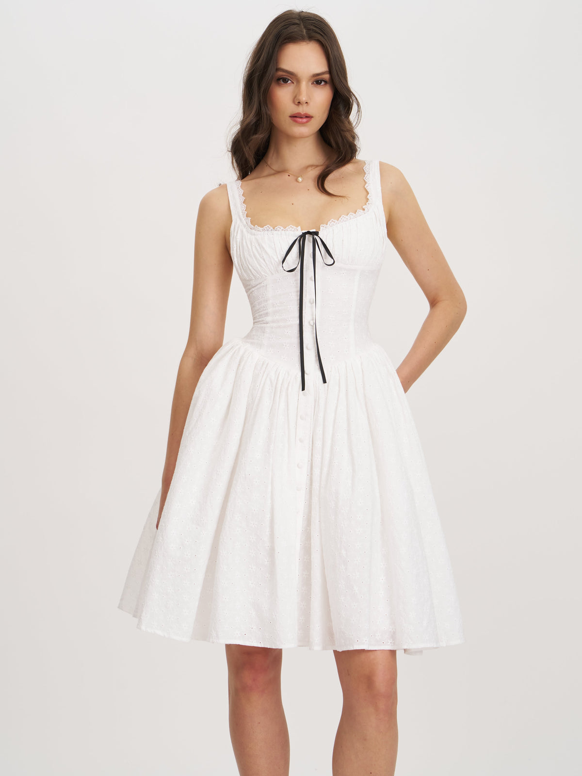 Madison White Cotton Eyelet Square Neck Midi Dress