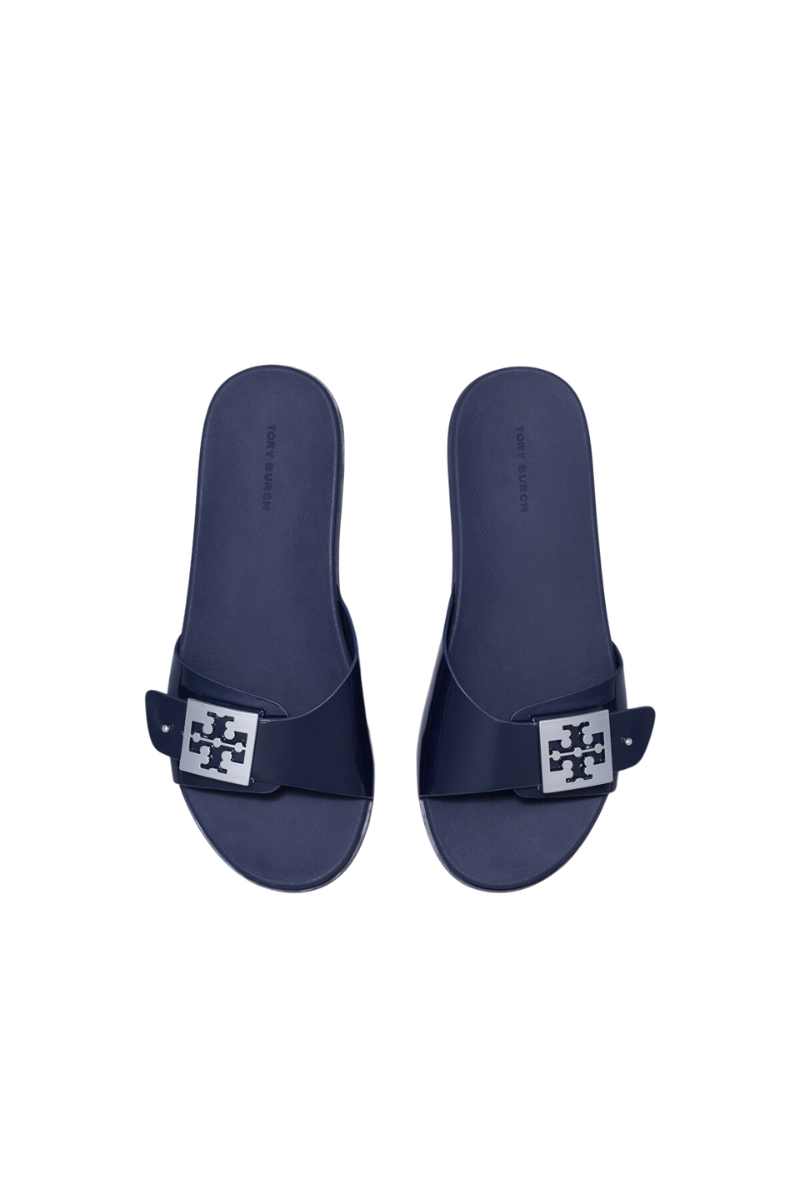 Tory Burch Buckle Slide Slippers New Navy/Silver 157872400