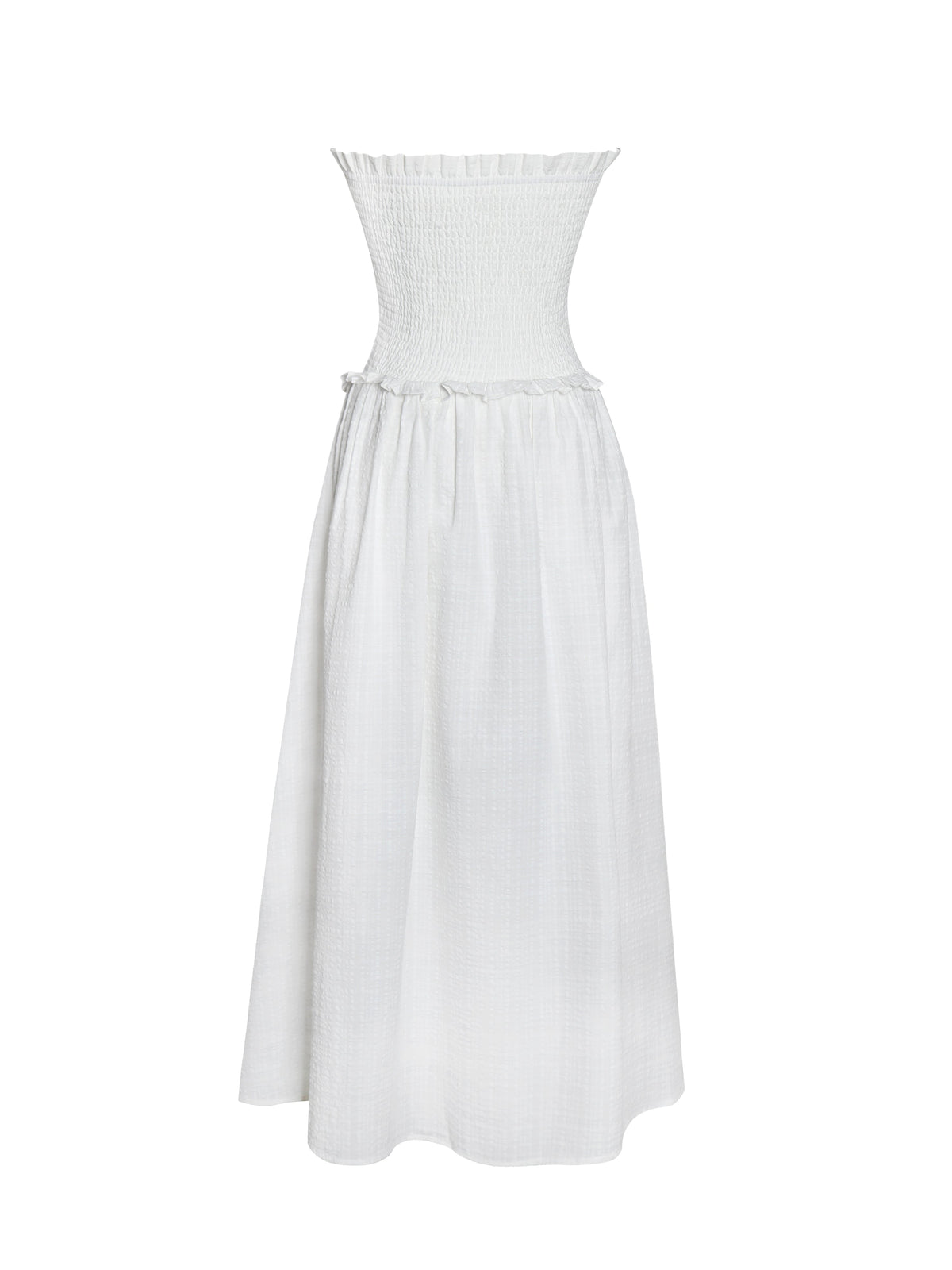 Quadiya White Cotton Seersucker Smocked Strapless Midi Dress