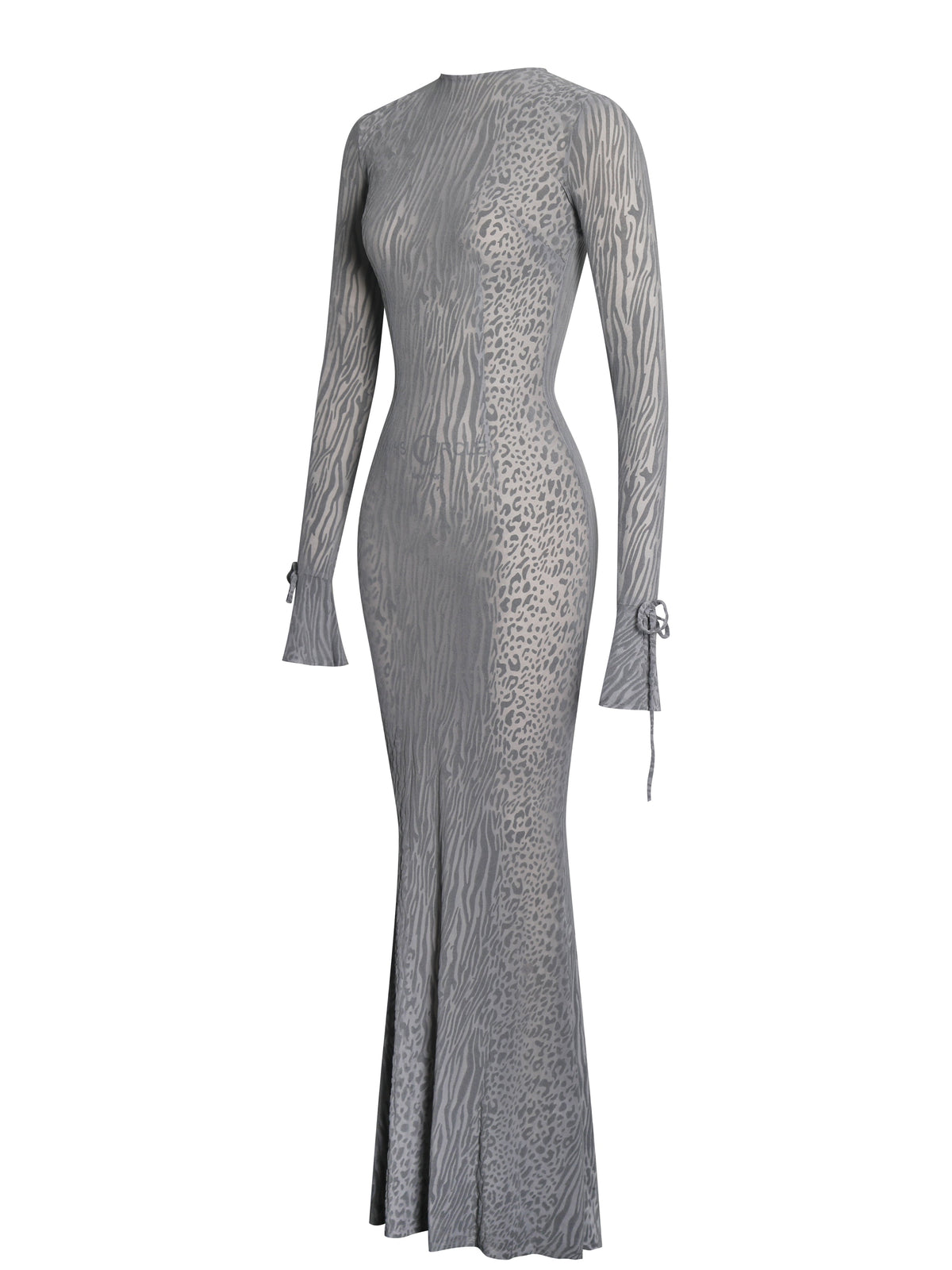 Waylynn Gray Animal Print Burnout Velvet Detail Mesh Backless Maxi Dress