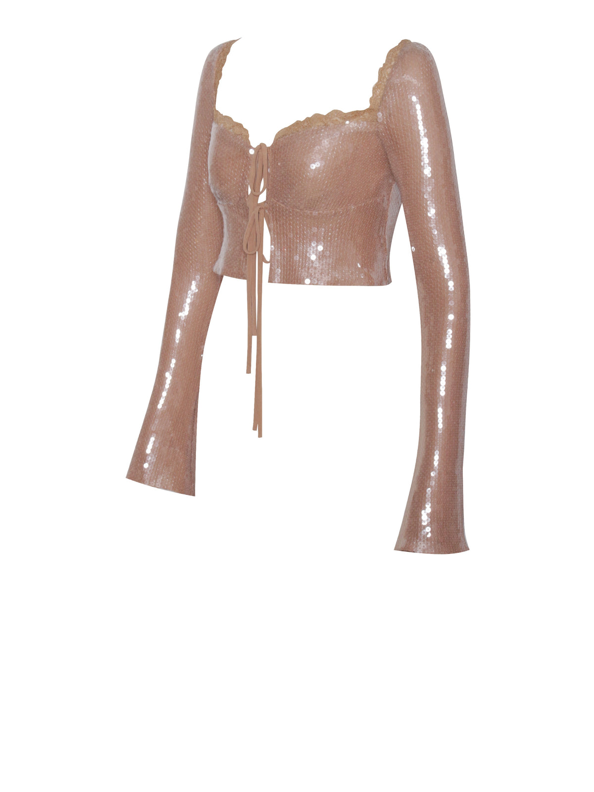 Ollie Nude Sequin Lace Up Top With Lace Trim (Archive Sale)
