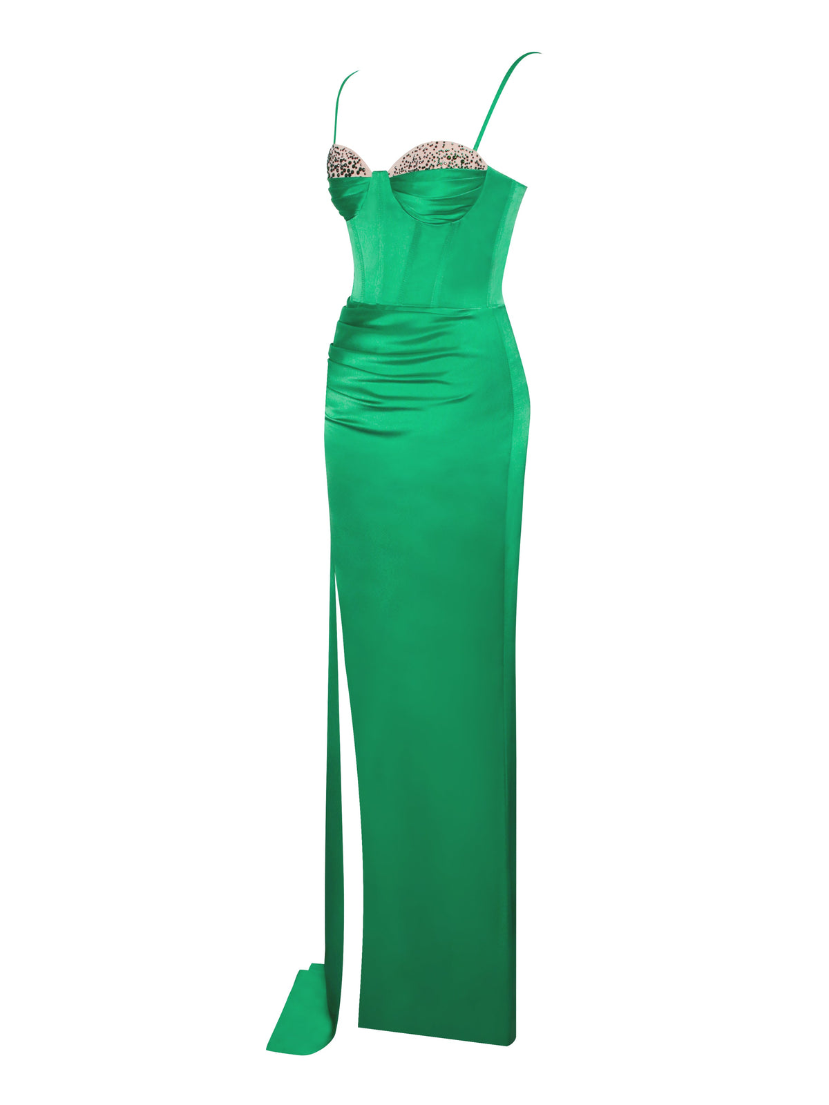 Vanity Green Satin High Slit Draping Corset Gown With Crystals (Archive Sale)