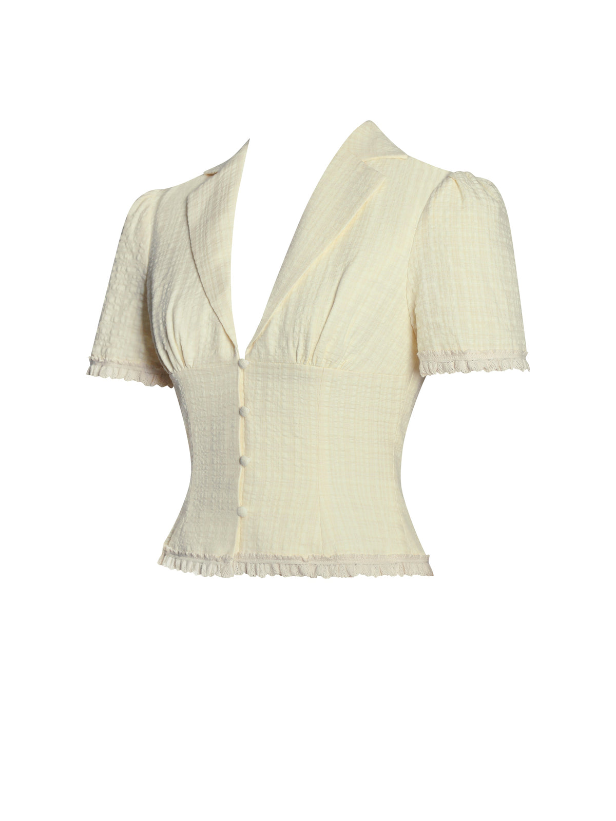 Odelia Yellow Lace Trim Seersucker Button Up Top (Archive Sale)
