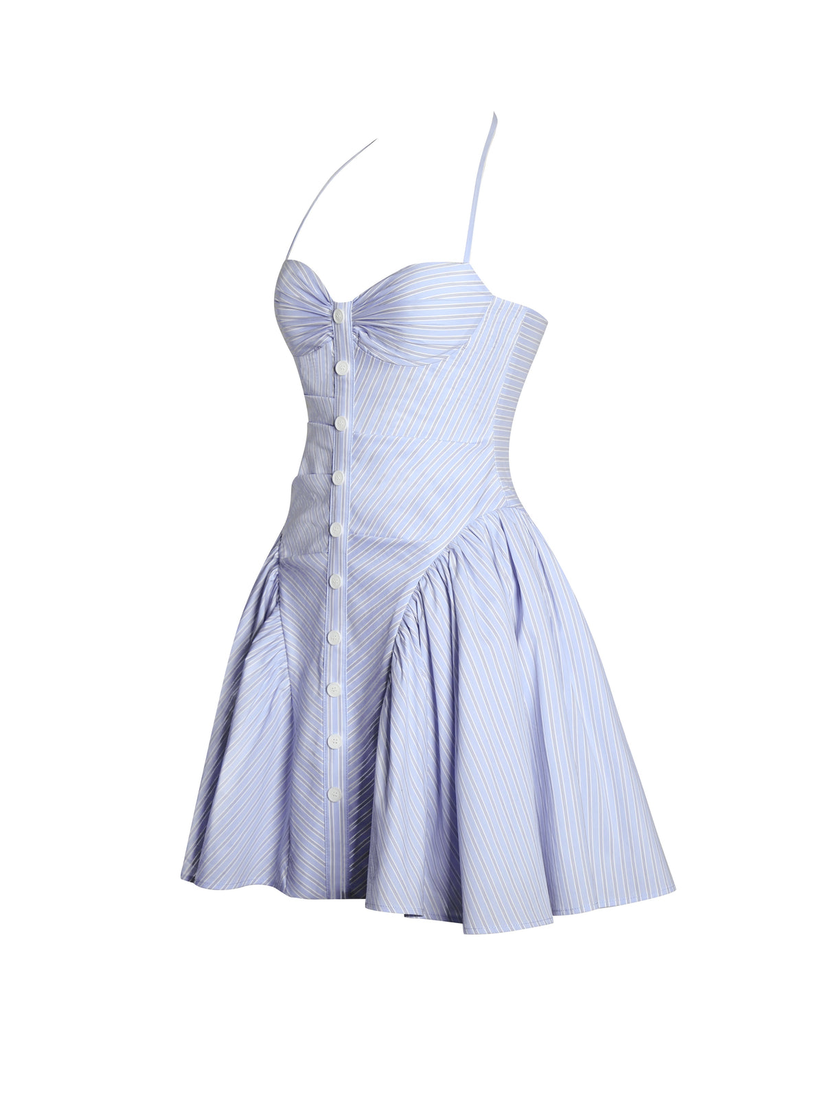 Melody Baby Blue Cotton Poplin Stripe Halter Drop Waist Mini Dress
