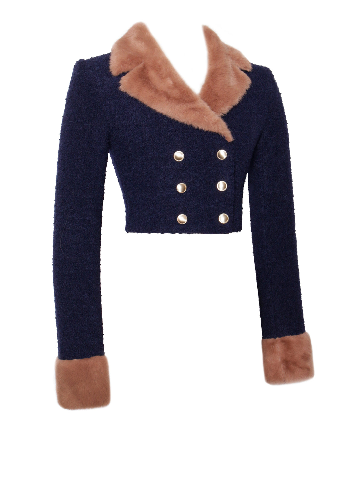 Wava Navy Blue Double Breast Fur Trim Cropped Boucle Wool Jacket (Archive Sale)