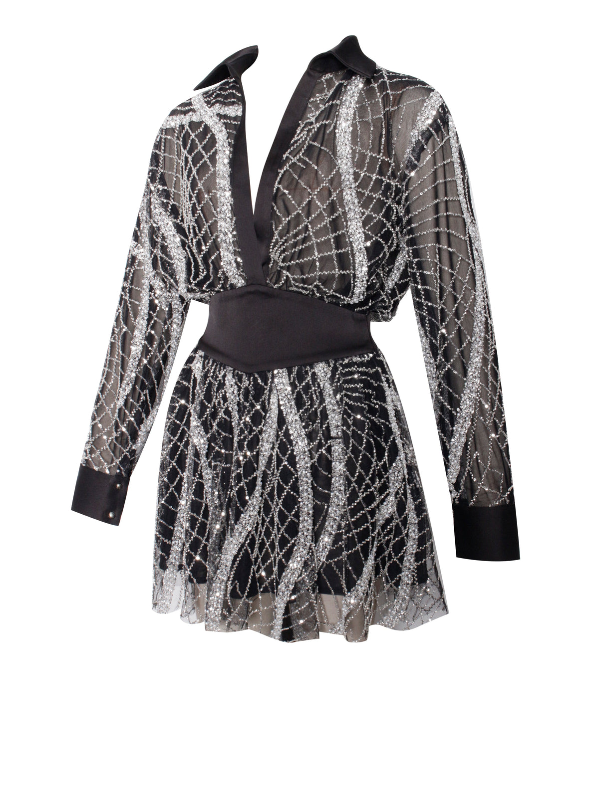 Rachelle Black Embroidered Mesh Mini Shirt Dress (Archive Sale)