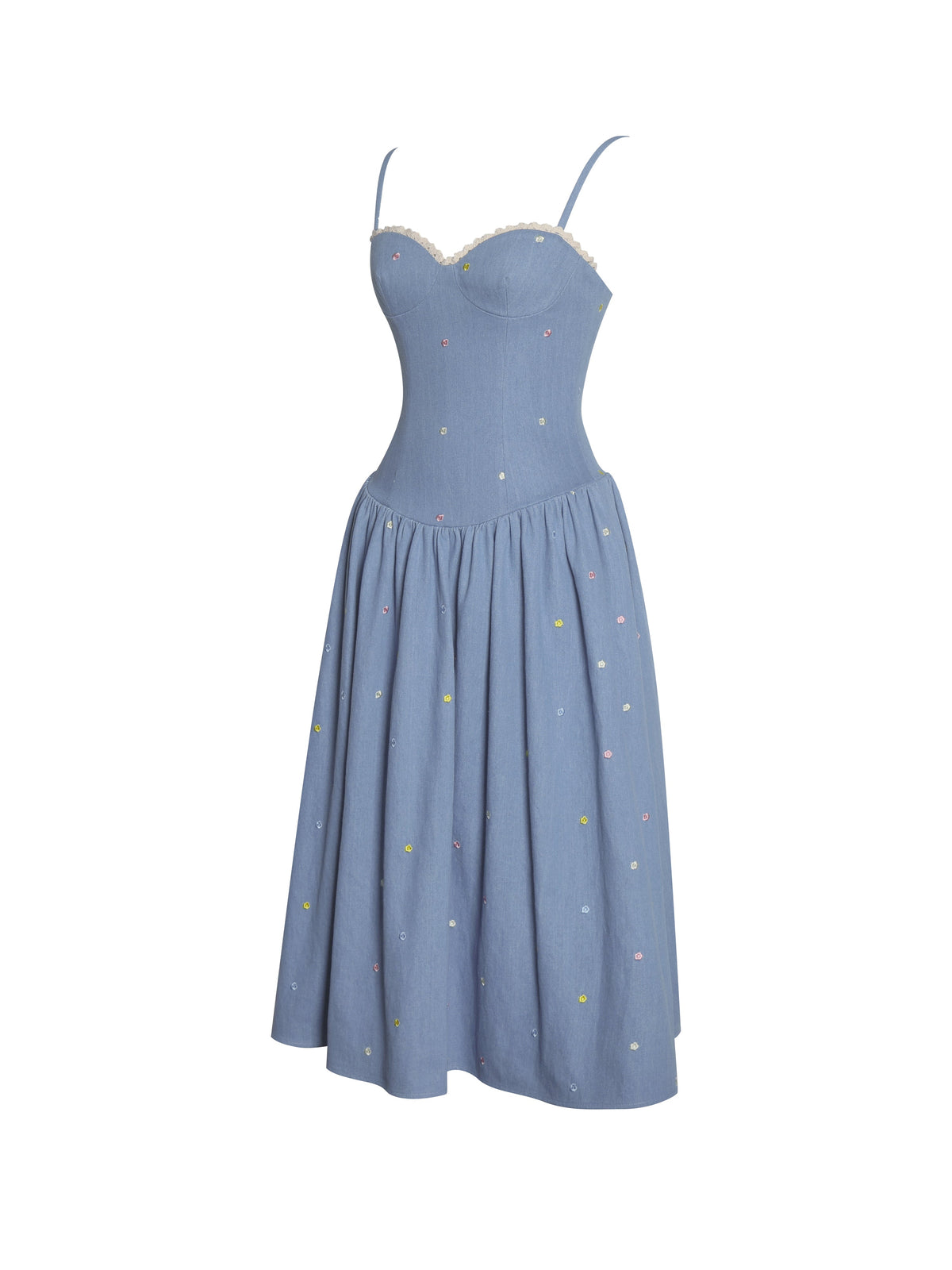 Zadie Cotton Denim Drop Waist Embroidery Flower Midi Dress (Archive Sale)
