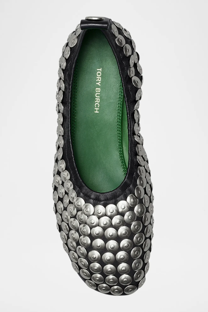 Tory Burch Studded Leather Ballet Flats in Black with Silver Accents