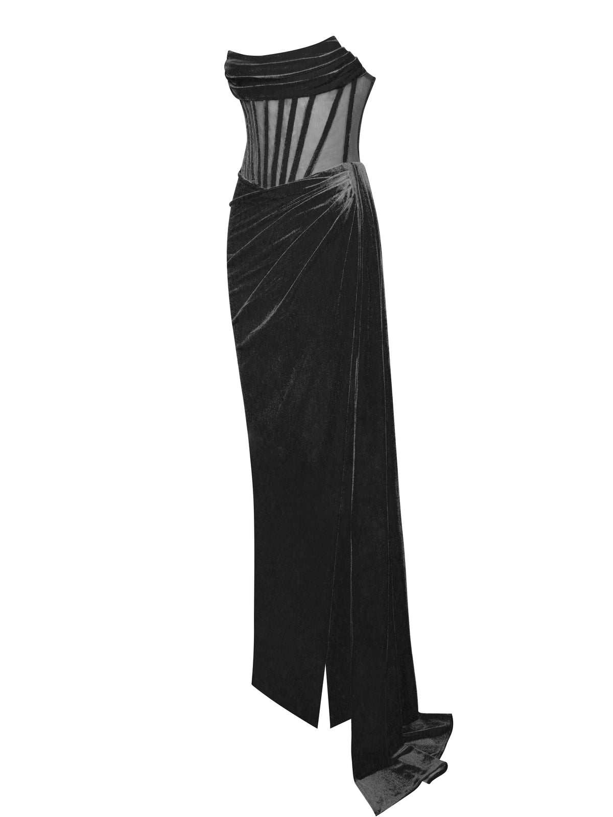 Priya Black Draping Corset High Slit Velvet Gown (Archive Sale)