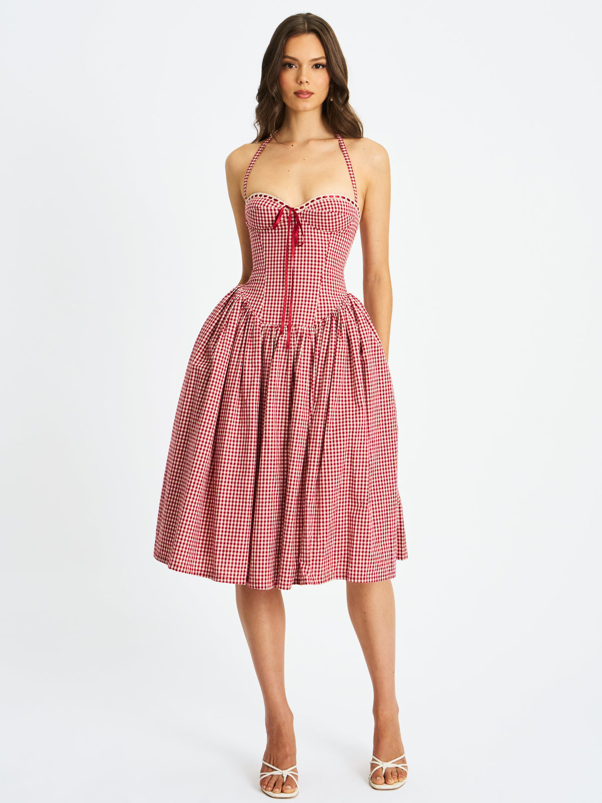 Susanna Red Cotton Gingham Drop Waist Midi Dress