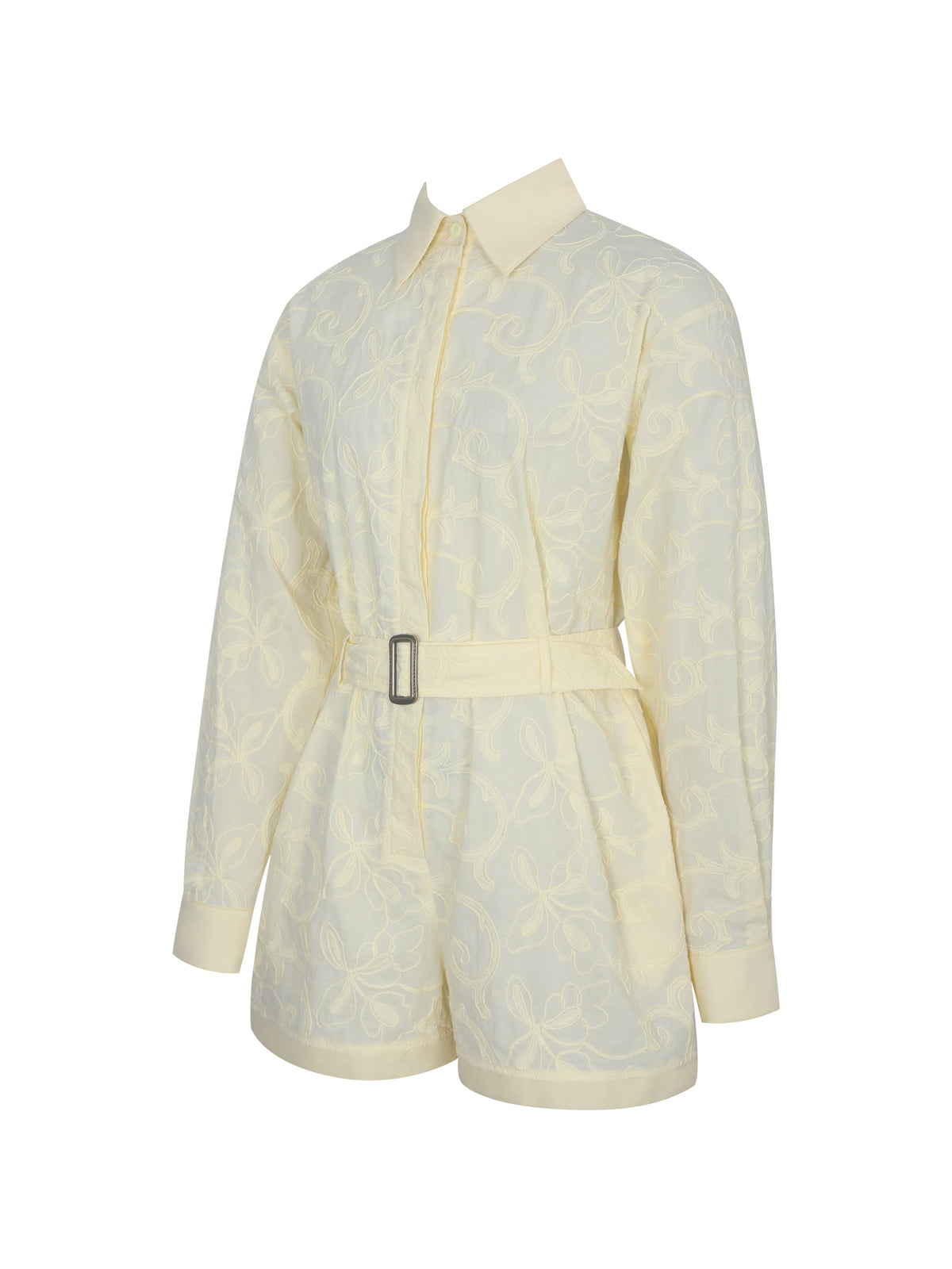 Malou Lemon Yellow Embroidered Poplin Belted Shirt Romper