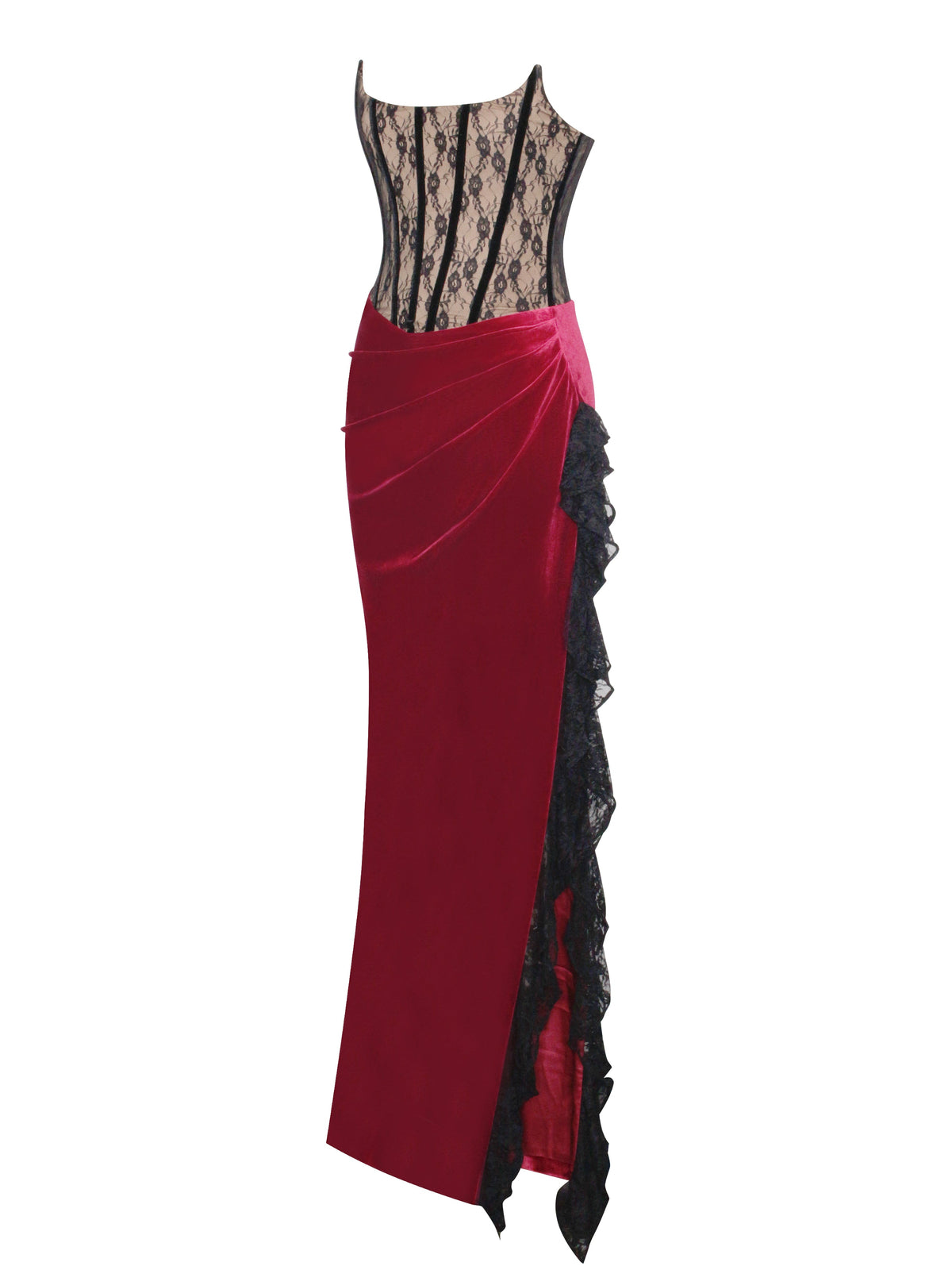 Gaia Burgundy Lace Velvet Corset Side Slit Dress (Archive Sale)