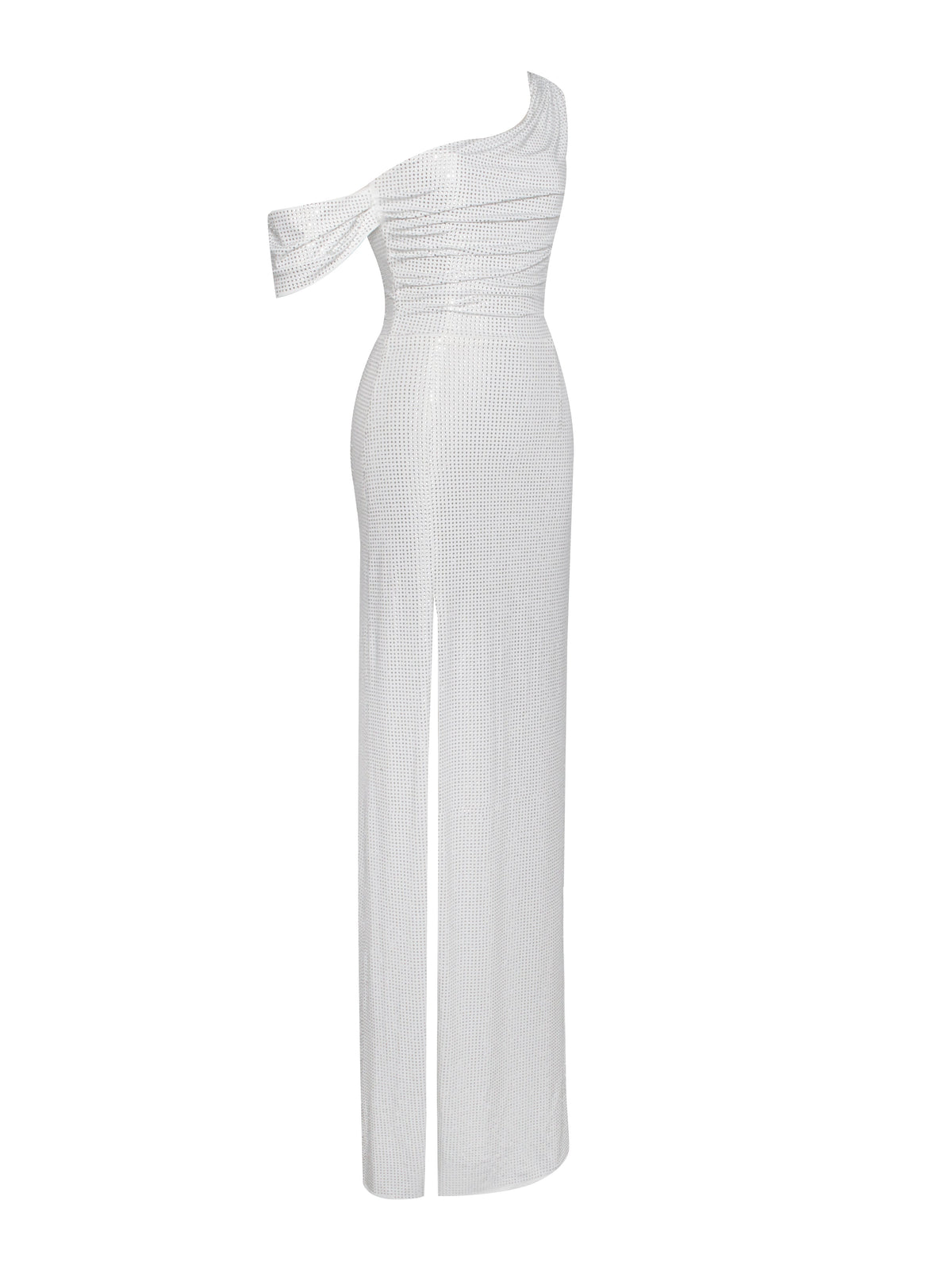 Paget White Mesh Rhinestone Embellished High Slit Gown (Archive Sale)