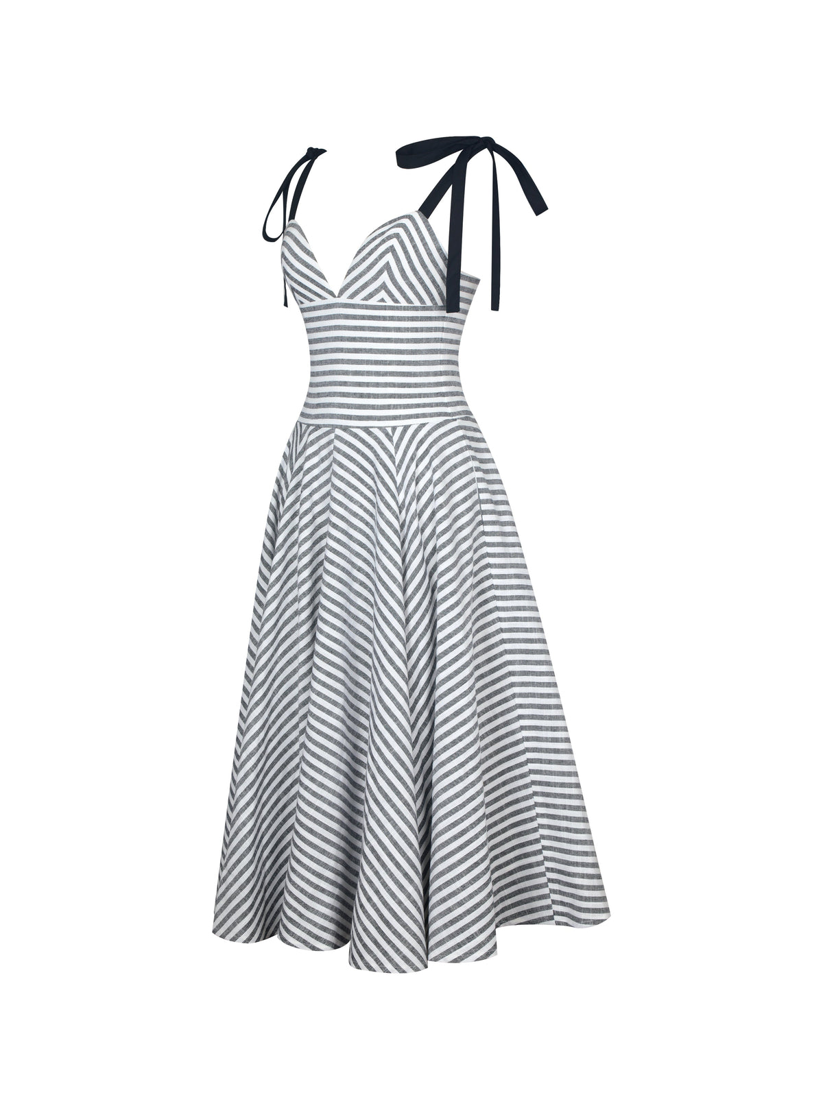 Riley Black & White Striped Linen Flared Midi Dress