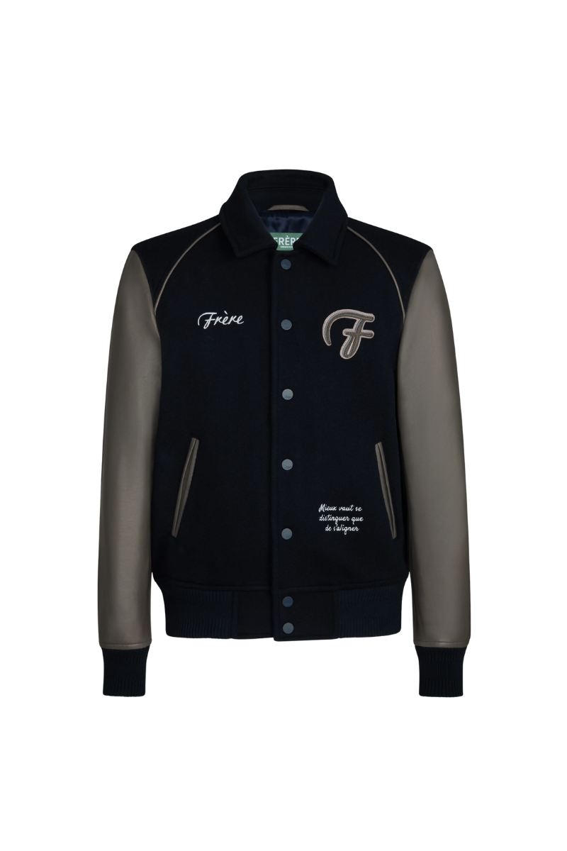 Frere Navy & Grey Hibiscus Varsity Cashmere & Leather Jacket
