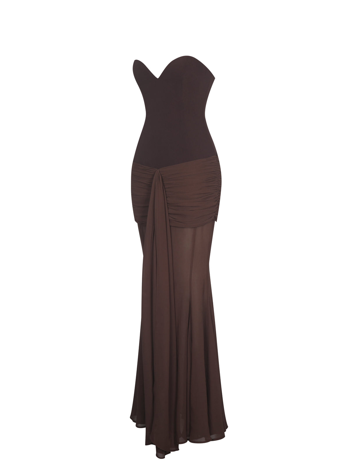 Giovana Espresso Sweetheart Draped Mesh Mermaid Maxi Dress