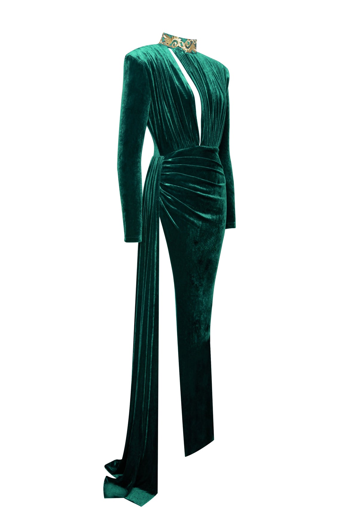 Zenaida Emerald Green Cutout High Slit Velvet Gown (Archive Sale)