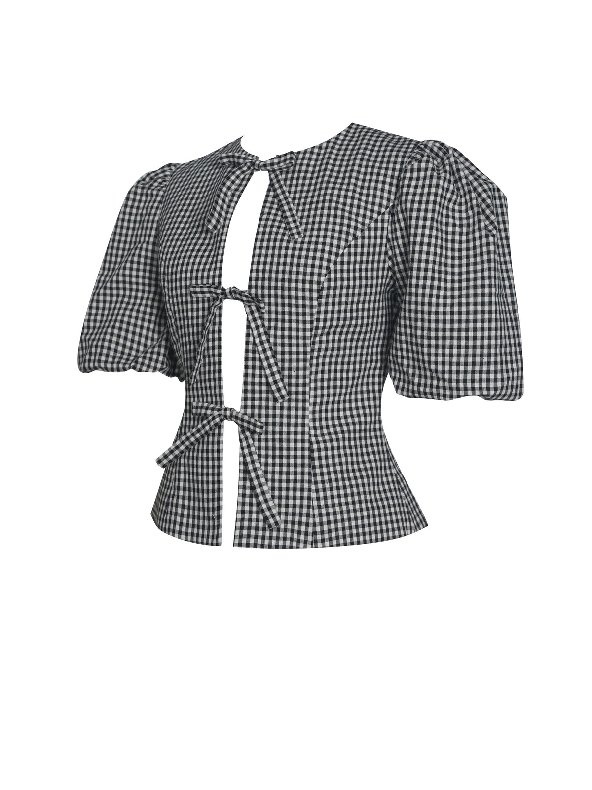 Qusayla Black Gingham Cotton Bubble Sleeve Bowtie Top