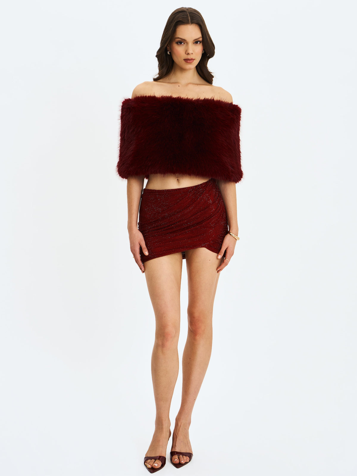 Darleen Crimson Rhinestone Mesh Low Waist Ruched Skirt