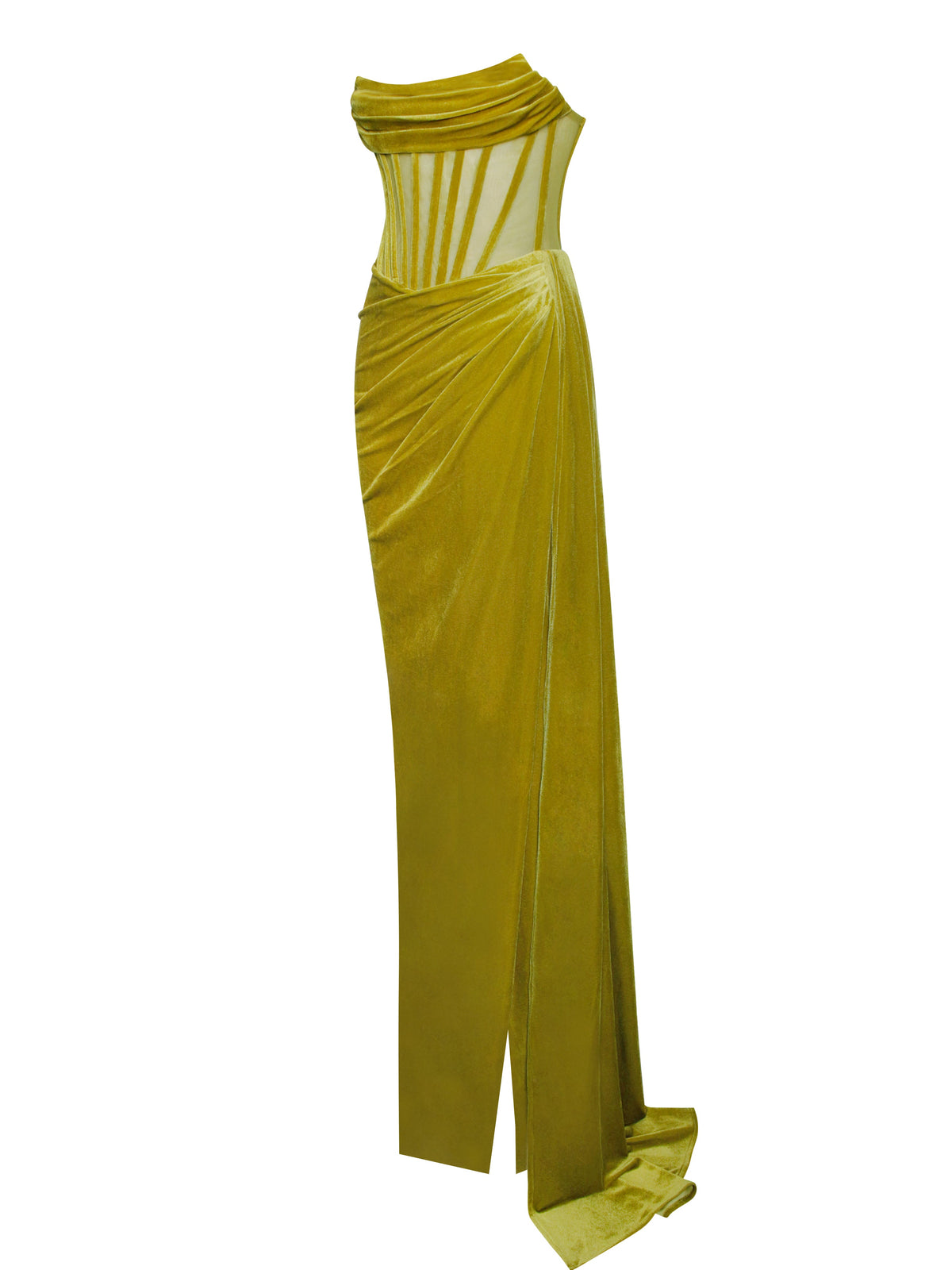 Priya Gold Draping Corset High Slit Velvet Gown (Archive Sale)
