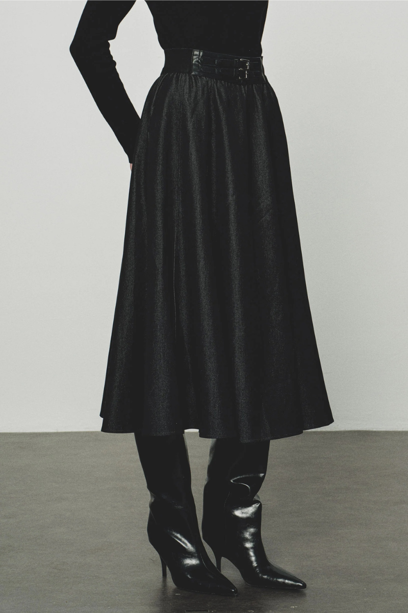 Max Simple Double-Buckle A-Line Skirt Black MSSG262019B
