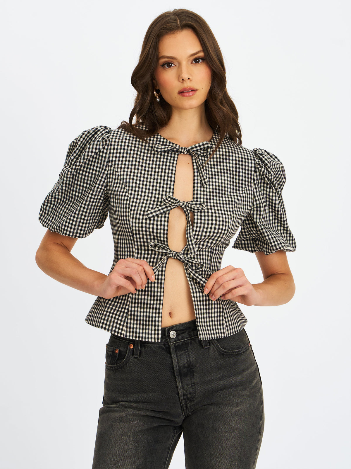 Qusayla Black Gingham Cotton Bubble Sleeve Bowtie Top