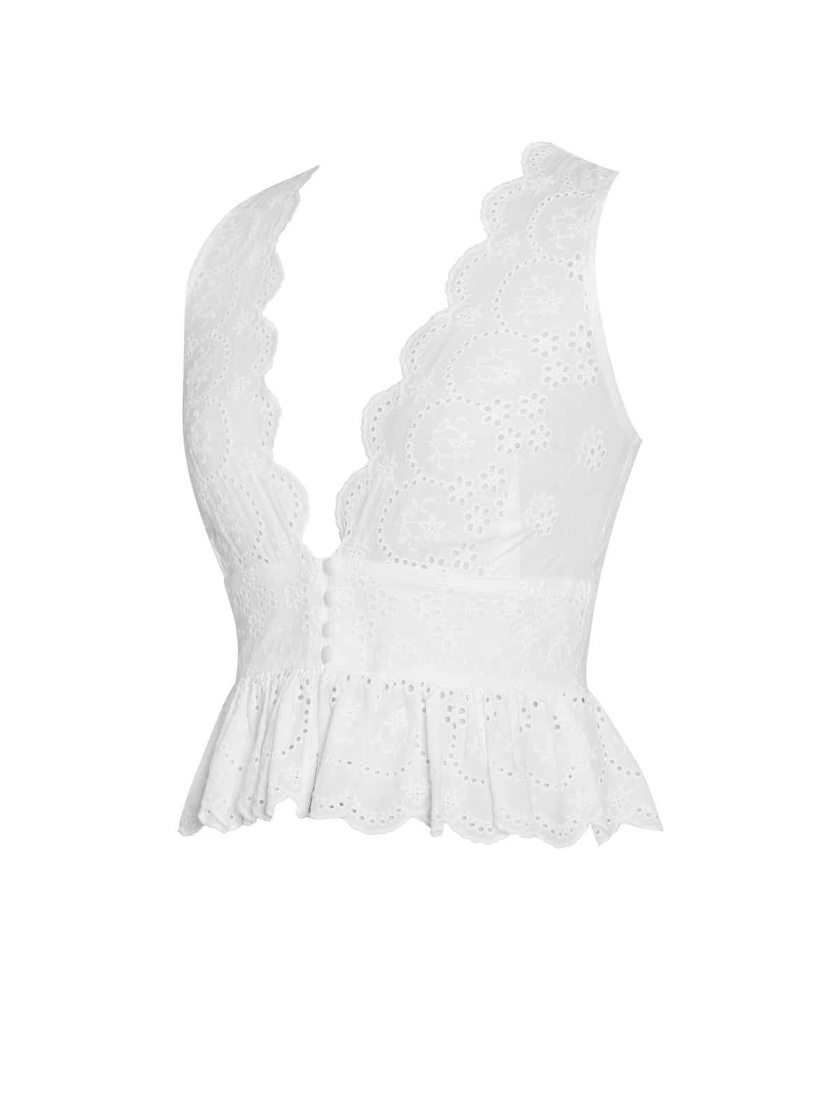 Raia White Cotton Eyelet Scallop Trim Top